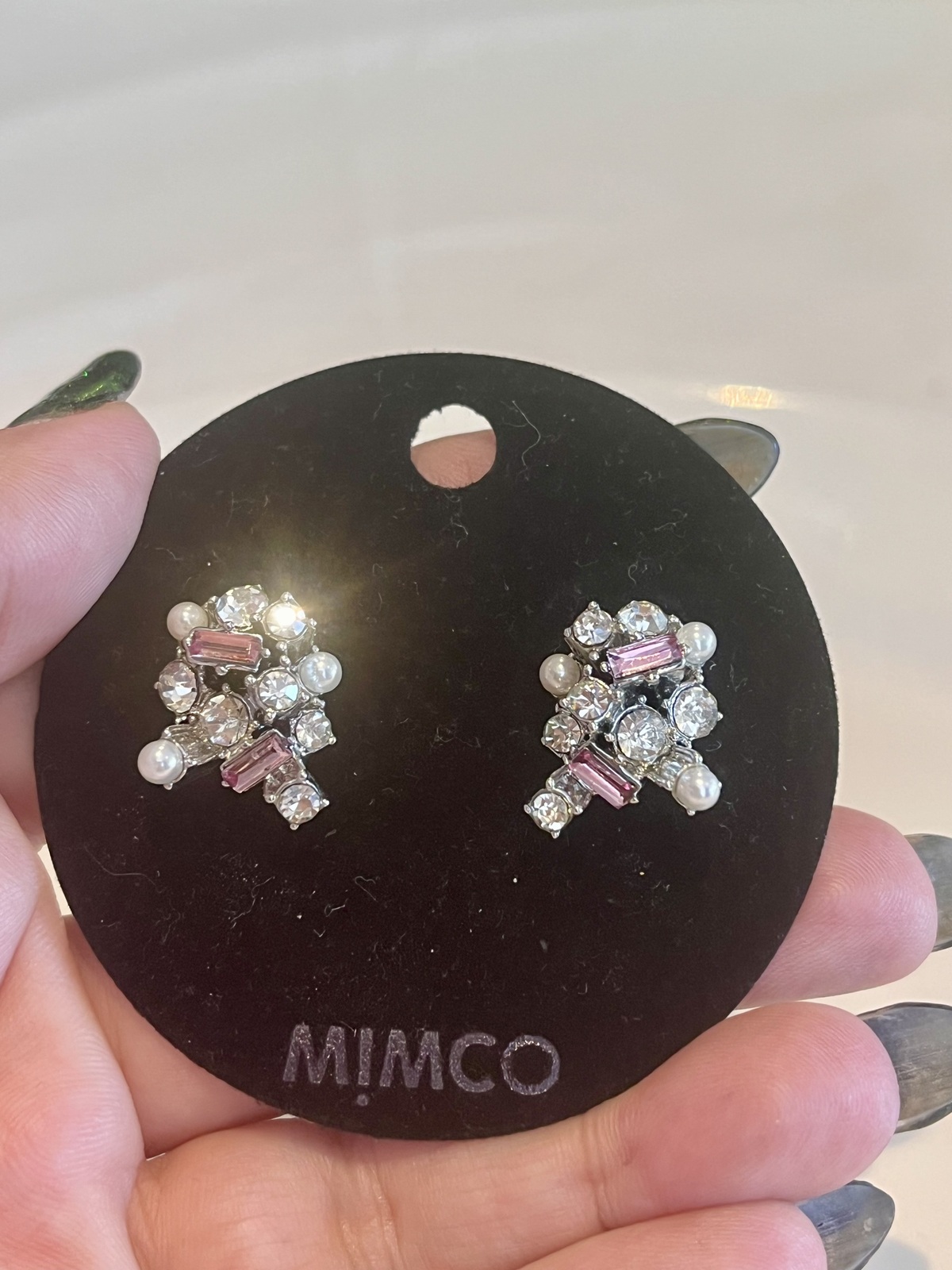 SILVER STUD EARRINGS WITH PINK & CLEAR CRYSTALS & PEARLS