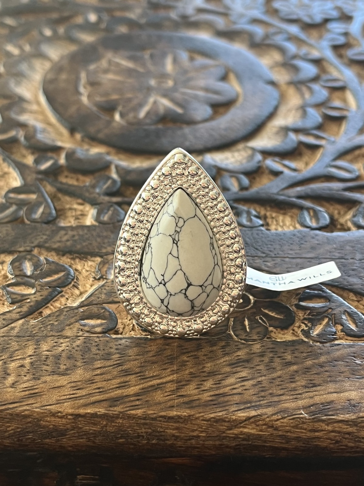 MINI BOHEMIAN BARDOT RING IN SILVER WITH HOWLITE - SIZE 5.5-BNWT