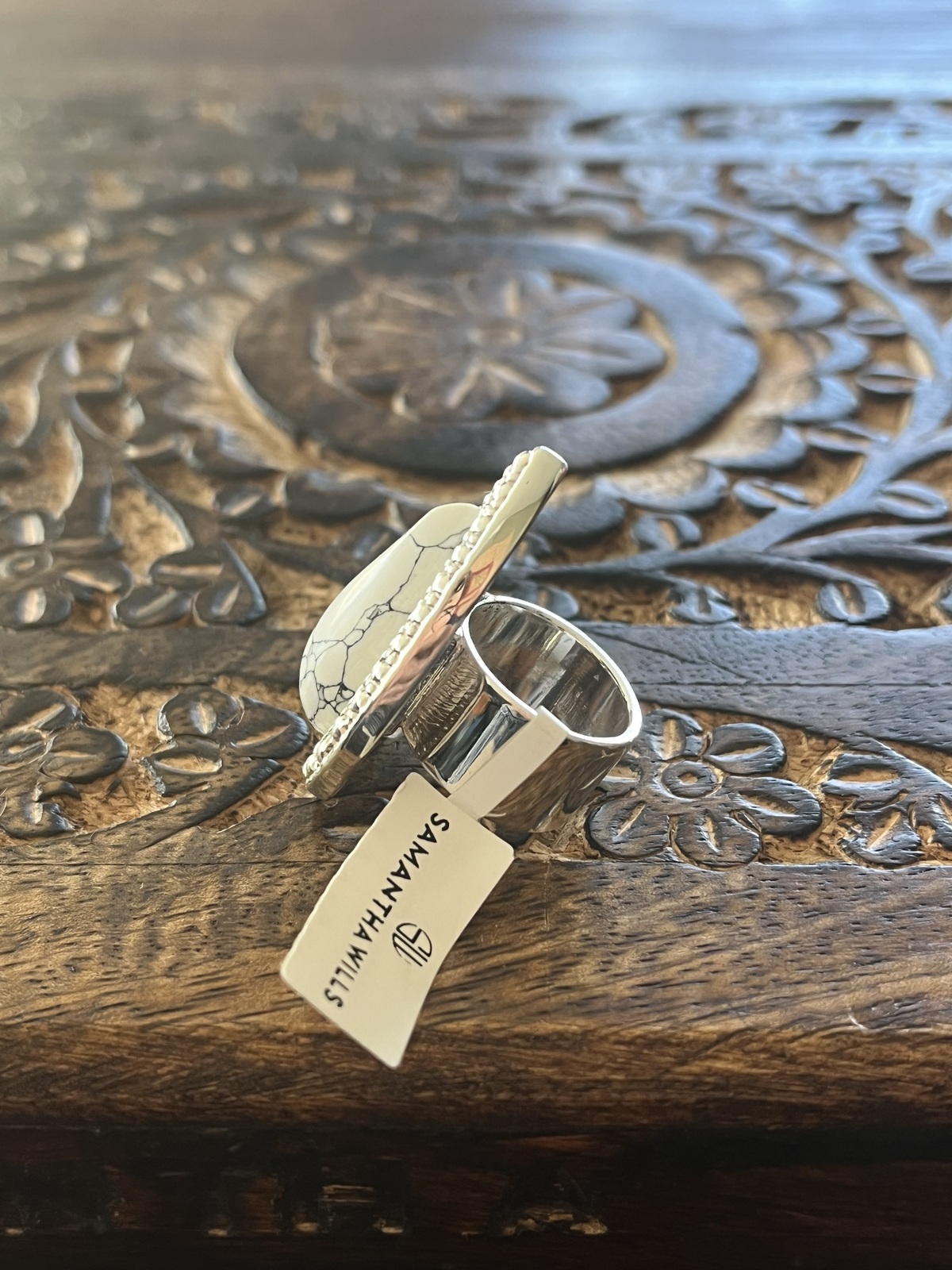 MINI BOHEMIAN BARDOT RING IN SILVER WITH HOWLITE - SIZE 5.5-BNWT