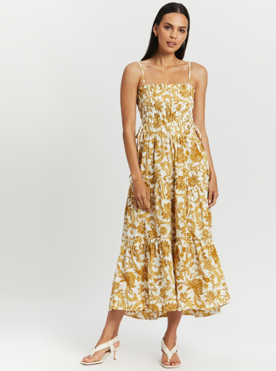  Saffron Shirred Tiered Midi Dress