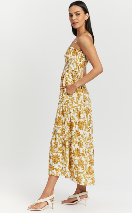  Saffron Shirred Tiered Midi Dress