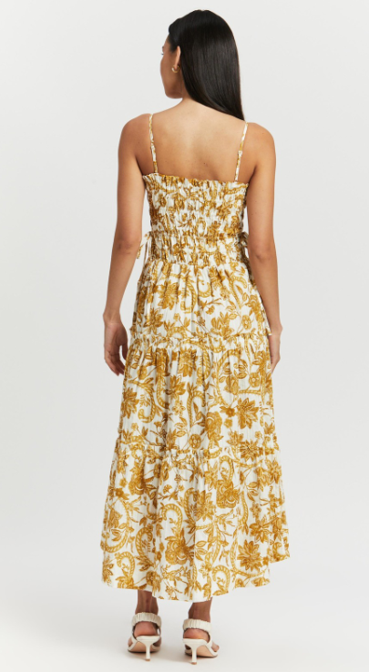  Saffron Shirred Tiered Midi Dress