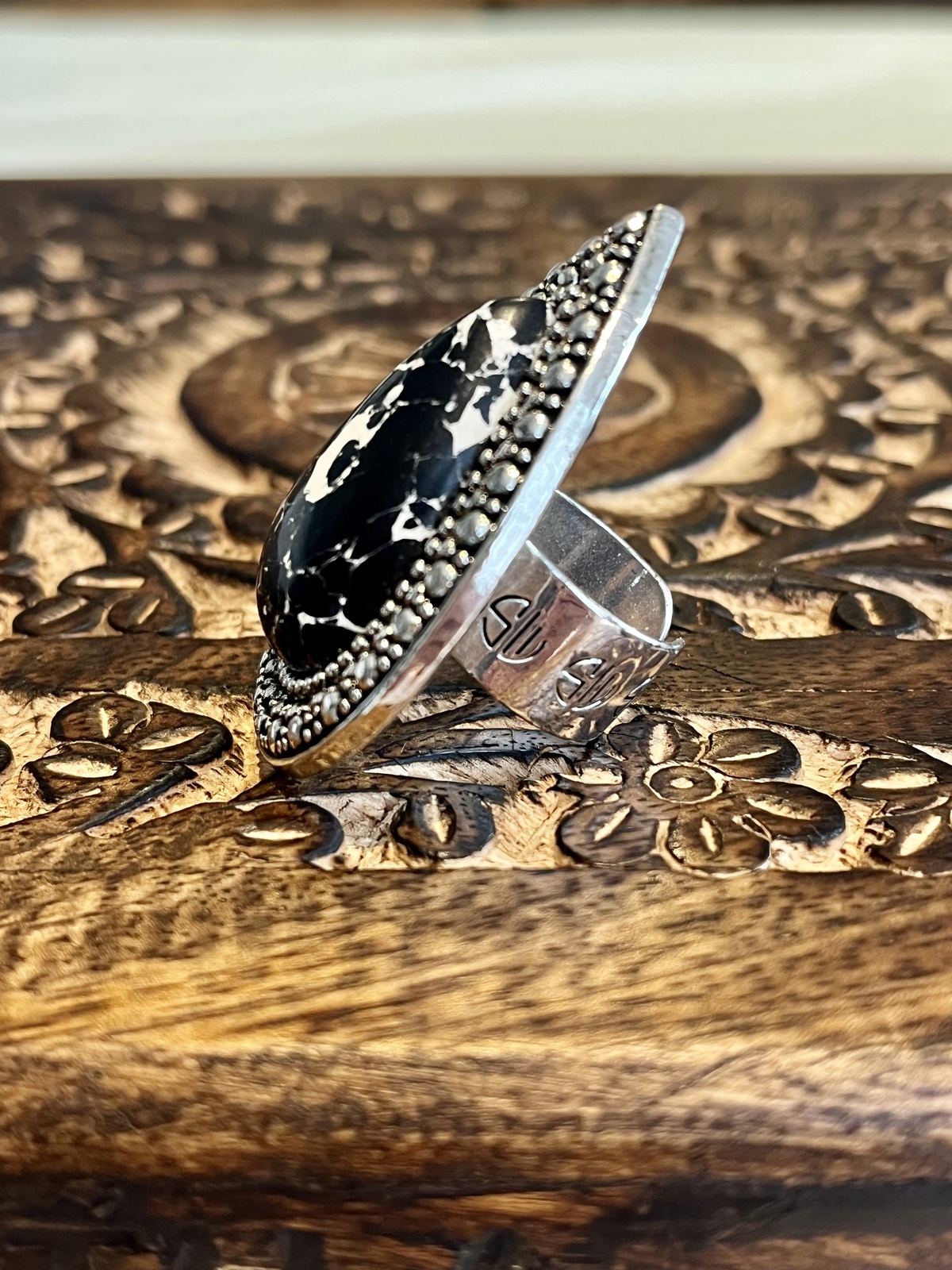 BLACK MARBLE BOHEMIAN BARDOT RING IN SILVER