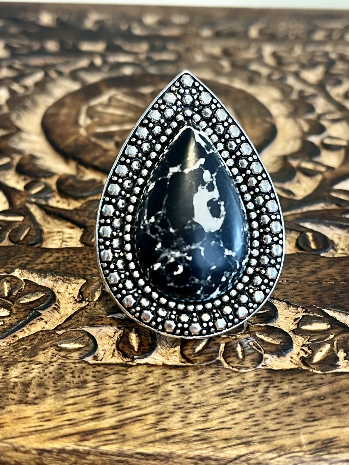 BLACK MARBLE BOHEMIAN BARDOT RING IN SILVER