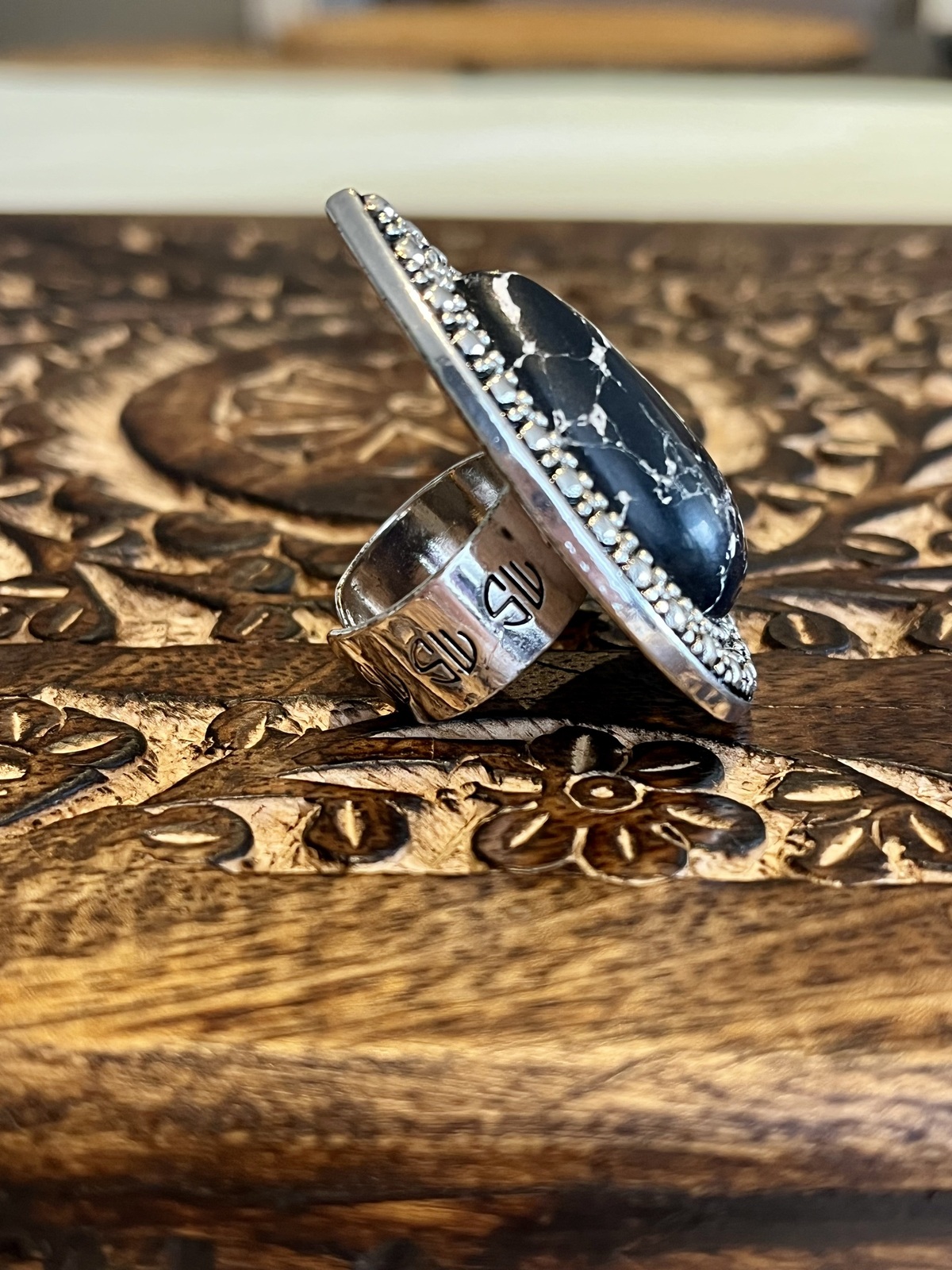 BLACK MARBLE BOHEMIAN BARDOT RING IN SILVER