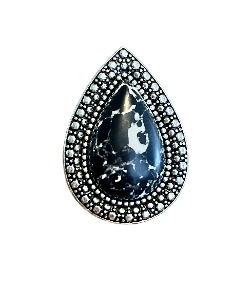 BLACK MARBLE BOHEMIAN BARDOT RING IN SILVER