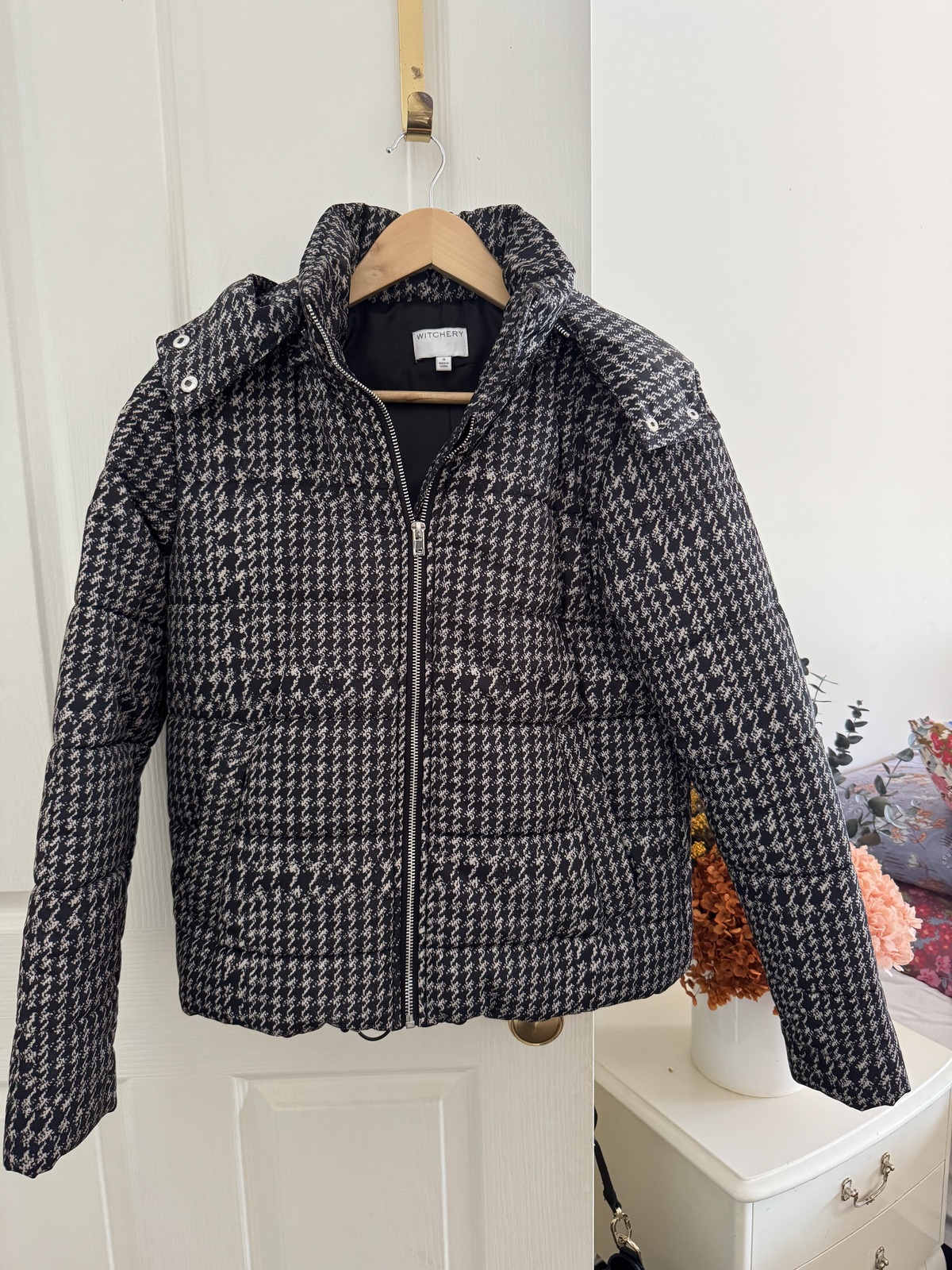 black and white puffer jacket