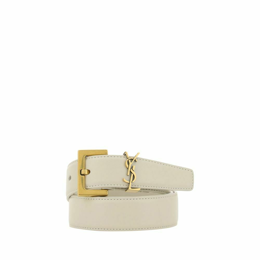 Calfskin Leather Belt with Brass-Plated Logo Plaque - White / 80 cm / 32 Inches