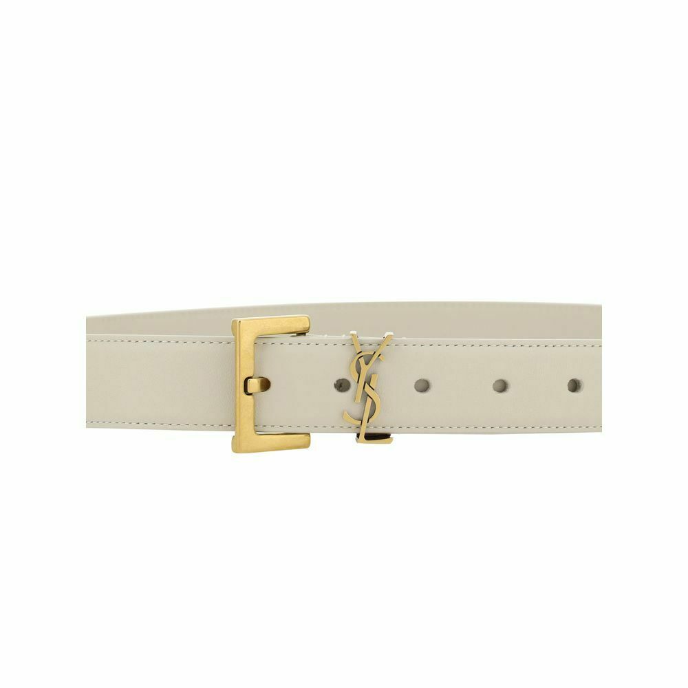 Calfskin Leather Belt with Brass-Plated Logo Plaque - White / 90 cm / 36 Inches