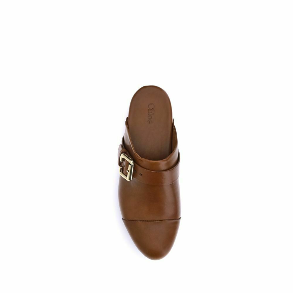 Buckle Leather Wooden Clogs - Brown / EU40/US10