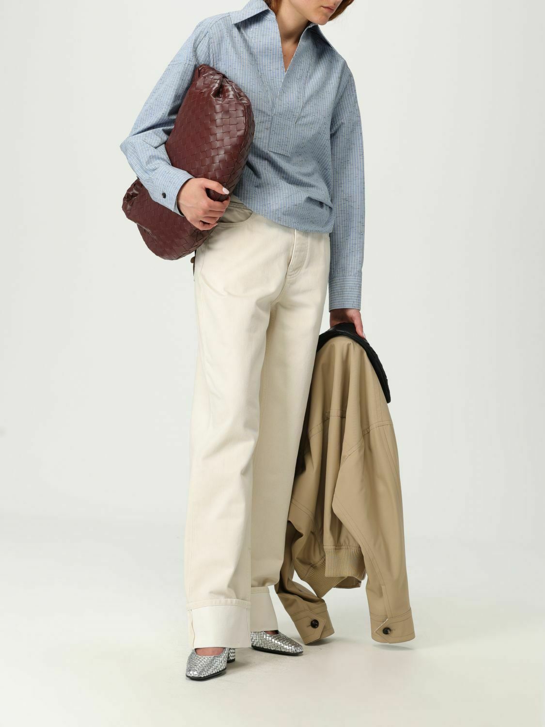 Striped Cotton Blend Poplin Shirt with Classic Collar and Long Sleeves - Gnawed Blue / 38 IT