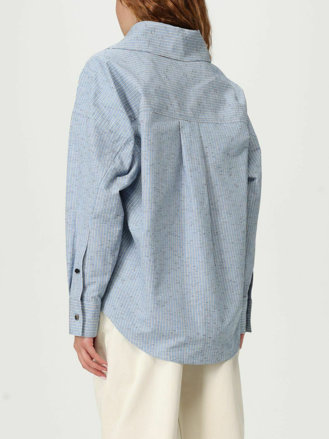 Striped Cotton Blend Poplin Shirt with Classic Collar and Long Sleeves - Gnawed Blue / 38 IT