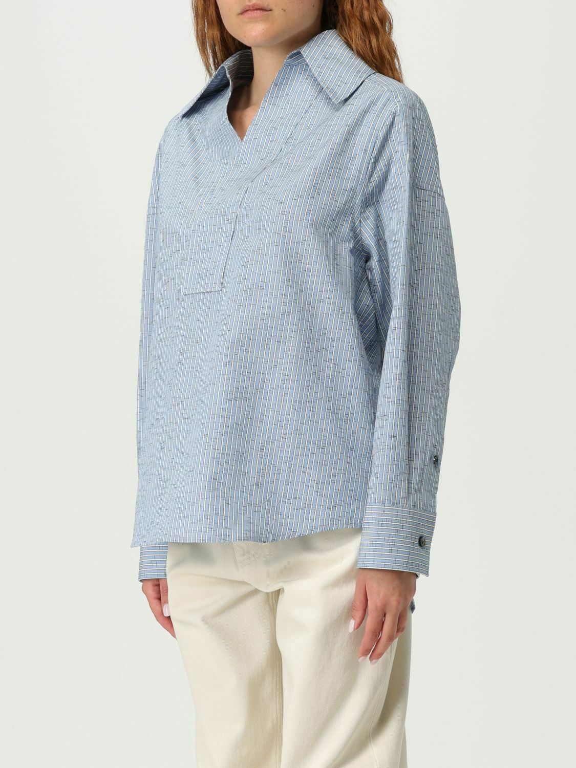 Striped Cotton Blend Poplin Shirt with Classic Collar and Long Sleeves - Gnawed Blue / 38 IT