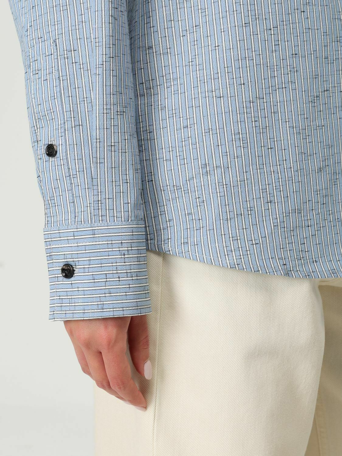 Striped Cotton Blend Poplin Shirt with Classic Collar and Long Sleeves - Gnawed Blue / 38 IT