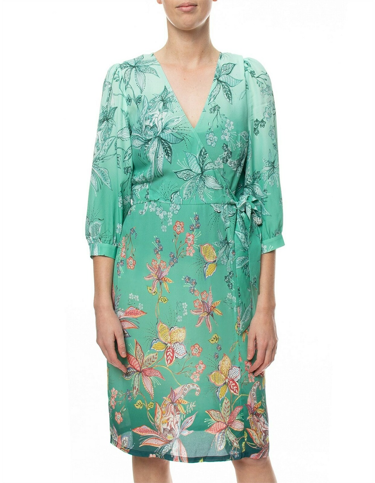 Floral Wrap Midi Dress – Teal Print, Viscose/Silk Blend, Size 14