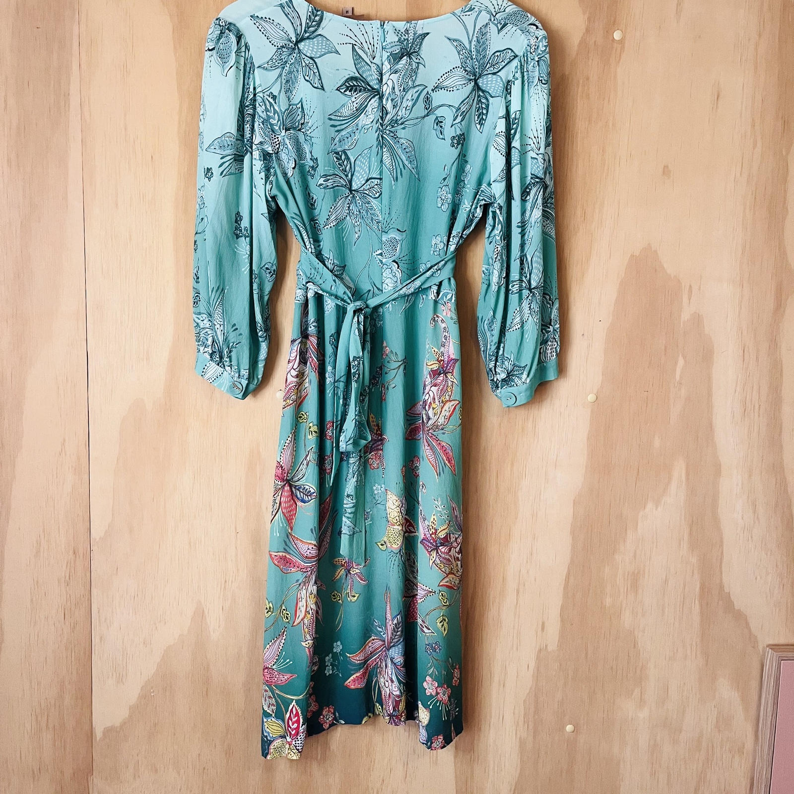 Floral Wrap Midi Dress – Teal Print, Viscose/Silk Blend, Size 14