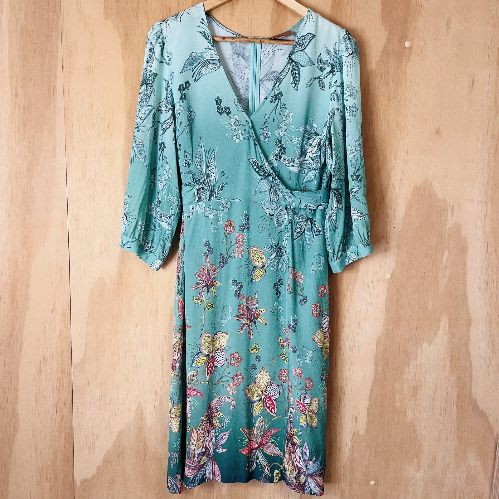 Floral Wrap Midi Dress – Teal Print, Viscose/Silk Blend, Size 14