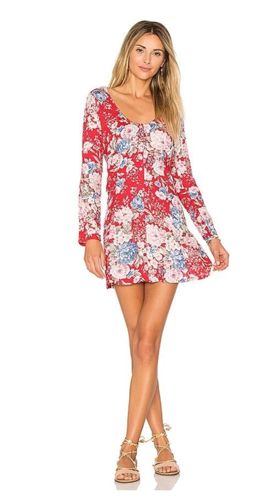 Floral Long Sleeve Mini Dress – Red Print, 100% Rayon, AU 6