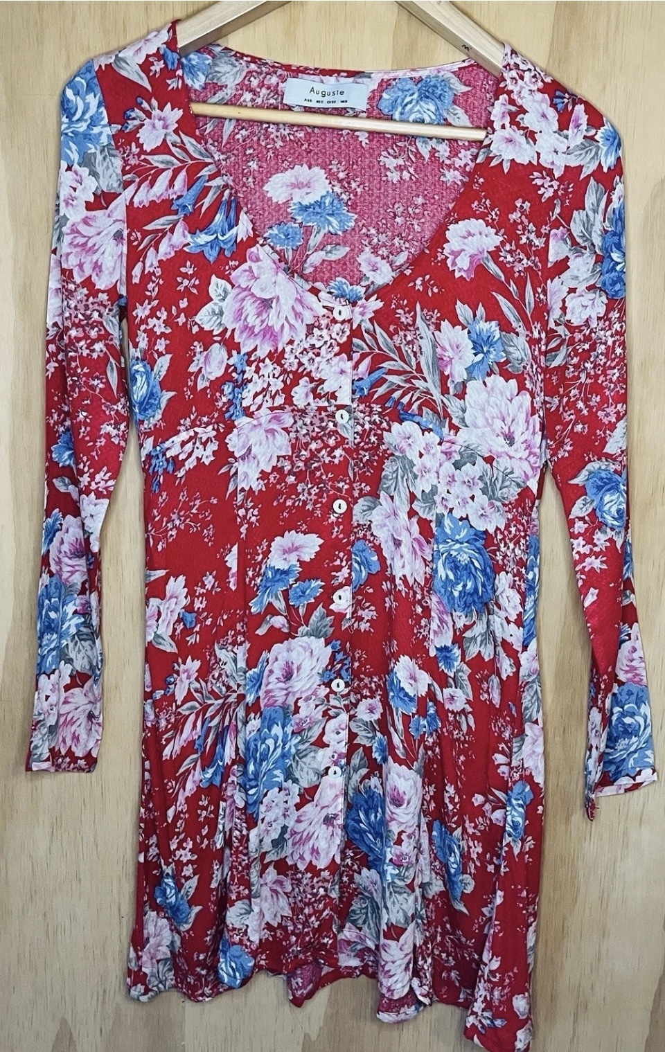 Floral Long Sleeve Mini Dress – Red Print, 100% Rayon, AU 6