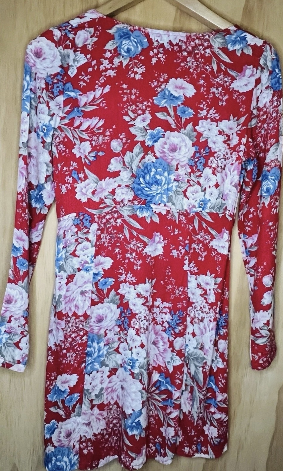 Floral Long Sleeve Mini Dress – Red Print, 100% Rayon, AU 6