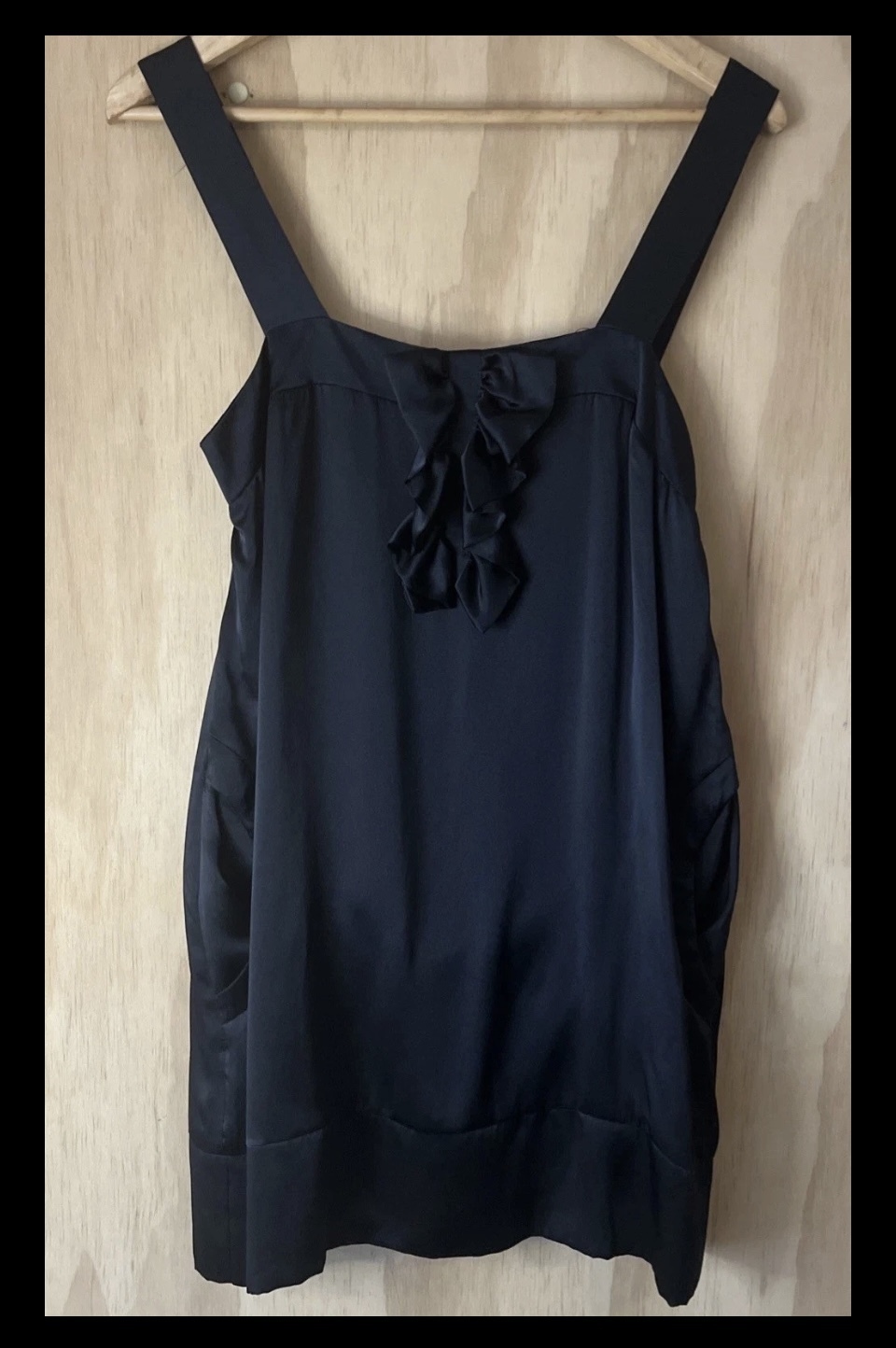 Silk Mini Dress – Black, Ruffle Front, Size 1 (AU 8)