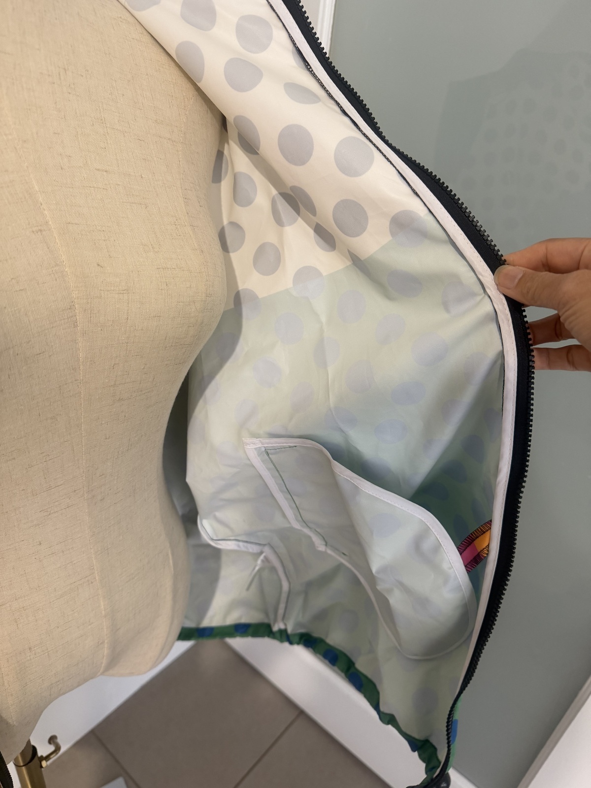 multi coloured raincoat. 