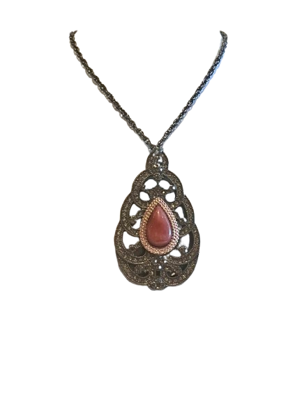 LOVE & SECRETS PENDANT NECKLACE IN GUNMETAL WITH RHODOCHROSITE
