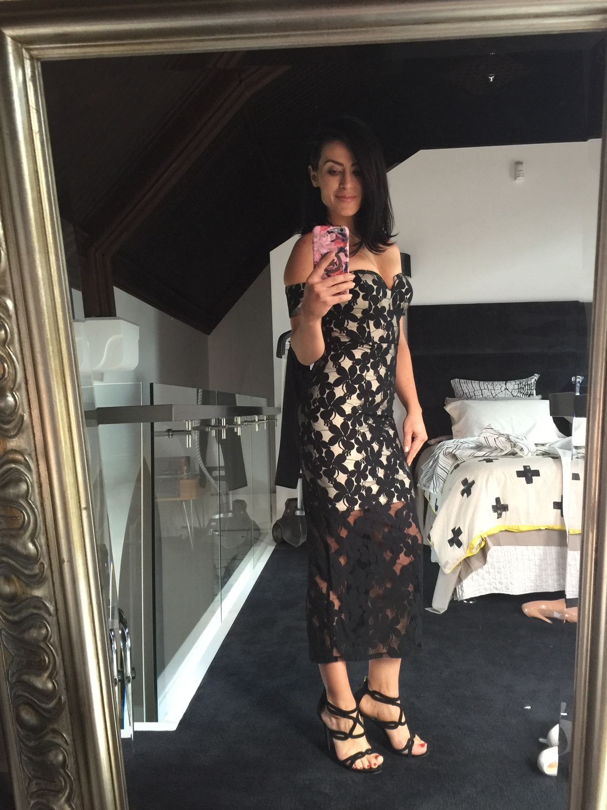 ‘Lucia’ black cocktail lace midi dress (size 6)