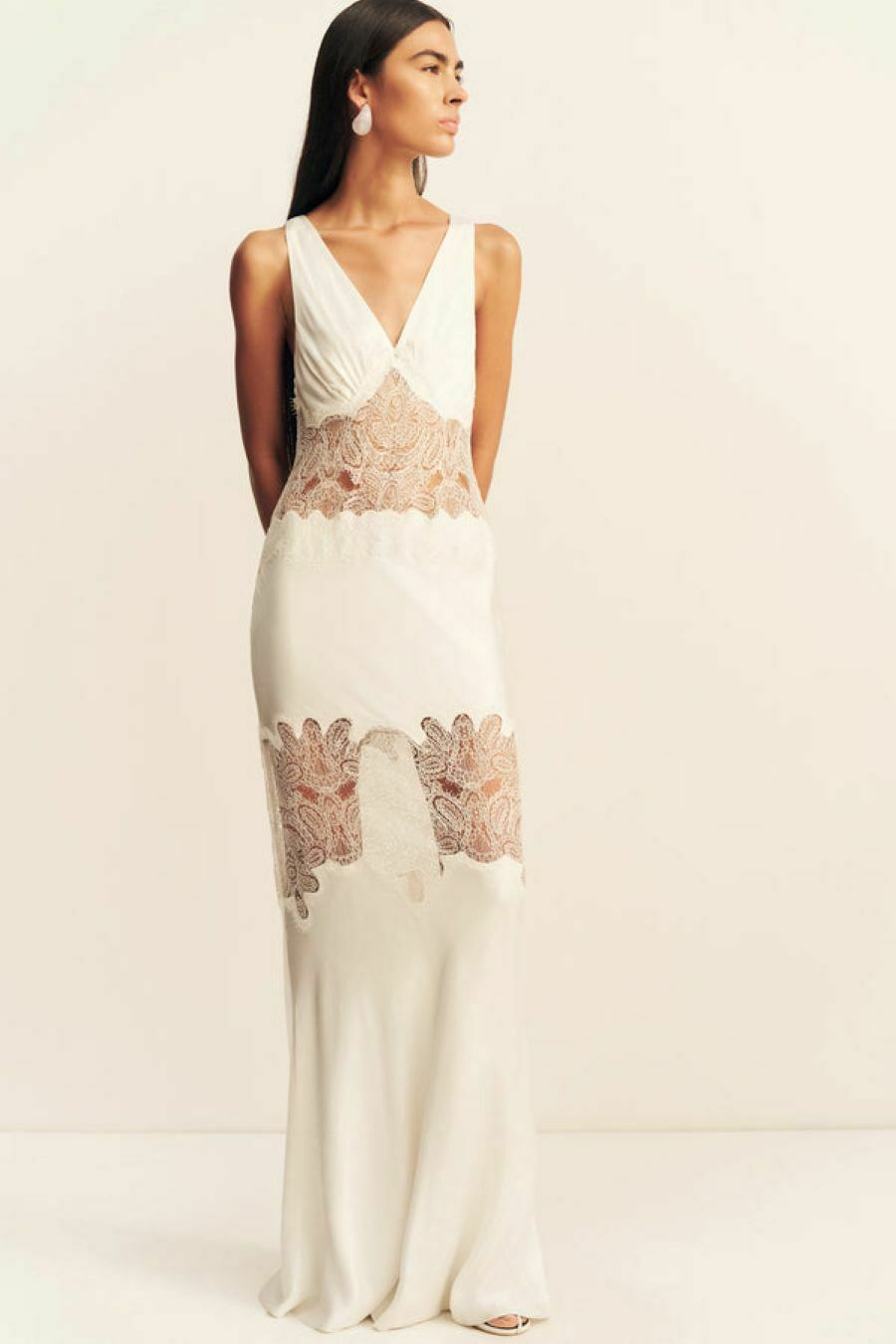 stratus plunged lace panelled maxi dress - ivory AU10/US6