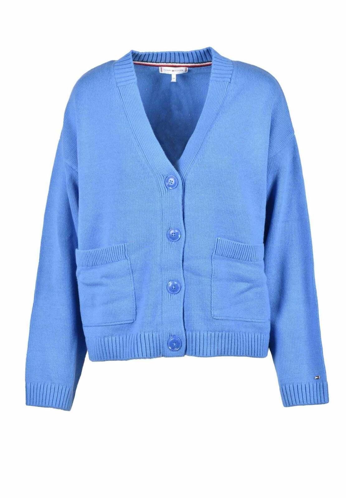 V-Neck Button Cardigan with Front Pockets - light blue / XL