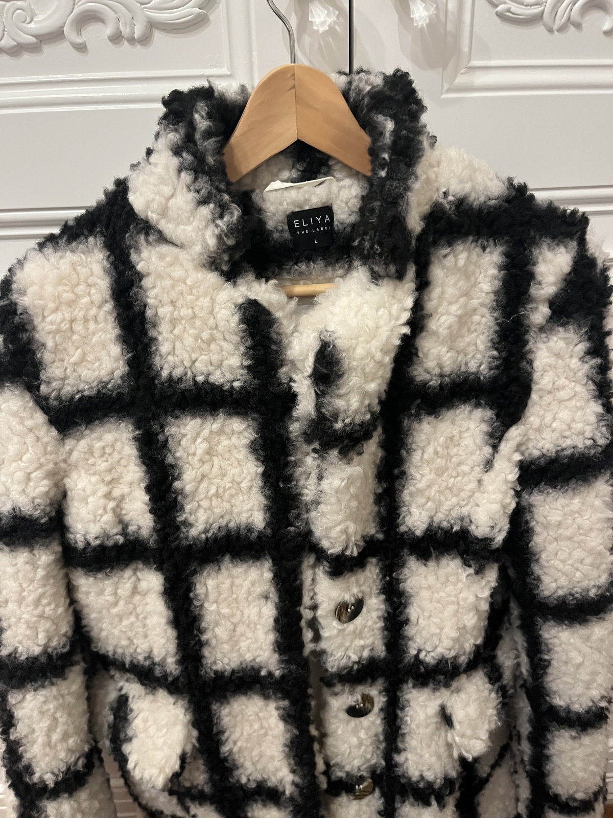 black and white grid teddy fleece Milan Coat size Large