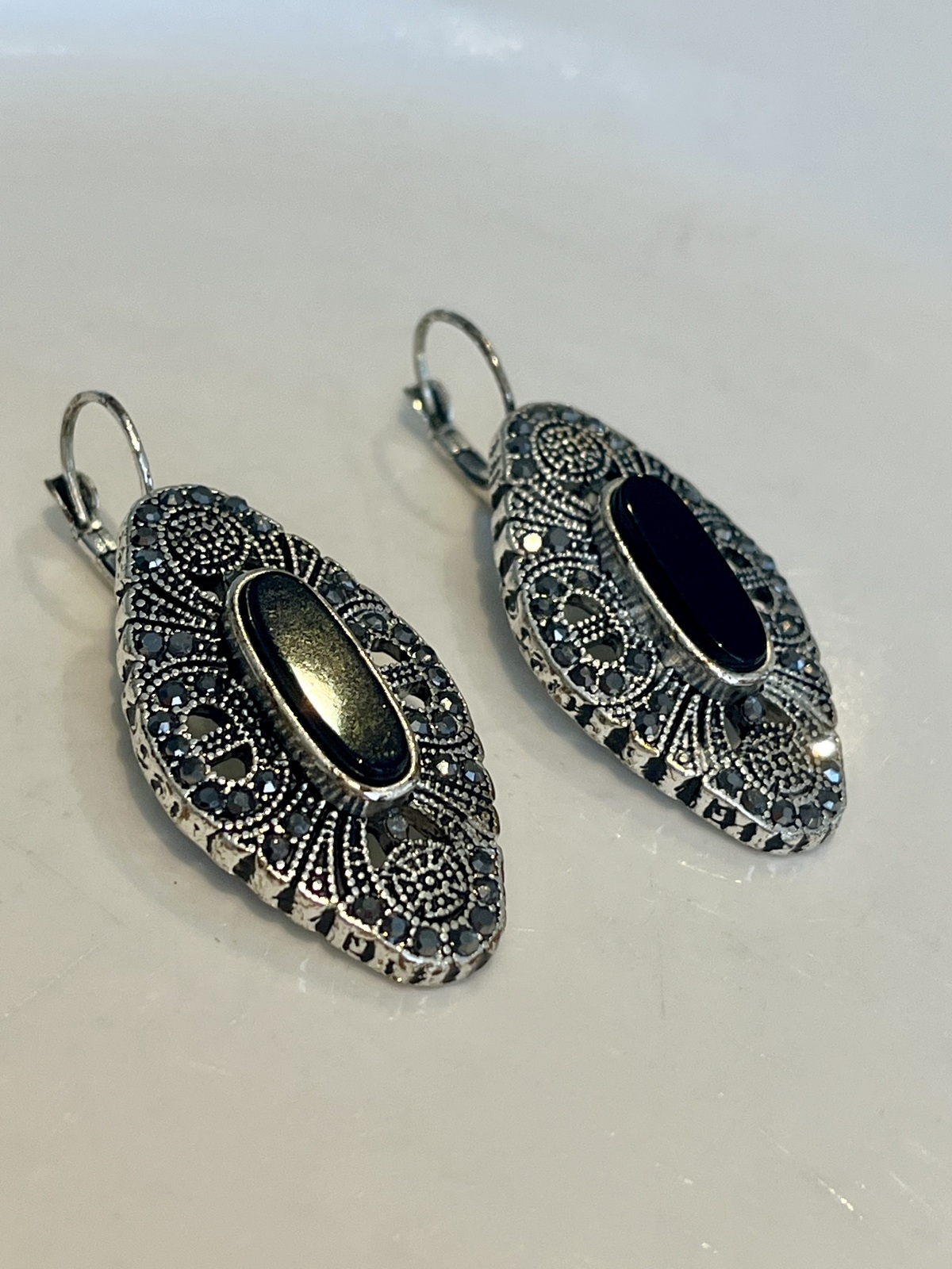  NIGHT MOVES EARRINGS IN SILVER WITH BLACK AGATE & MARCASITE