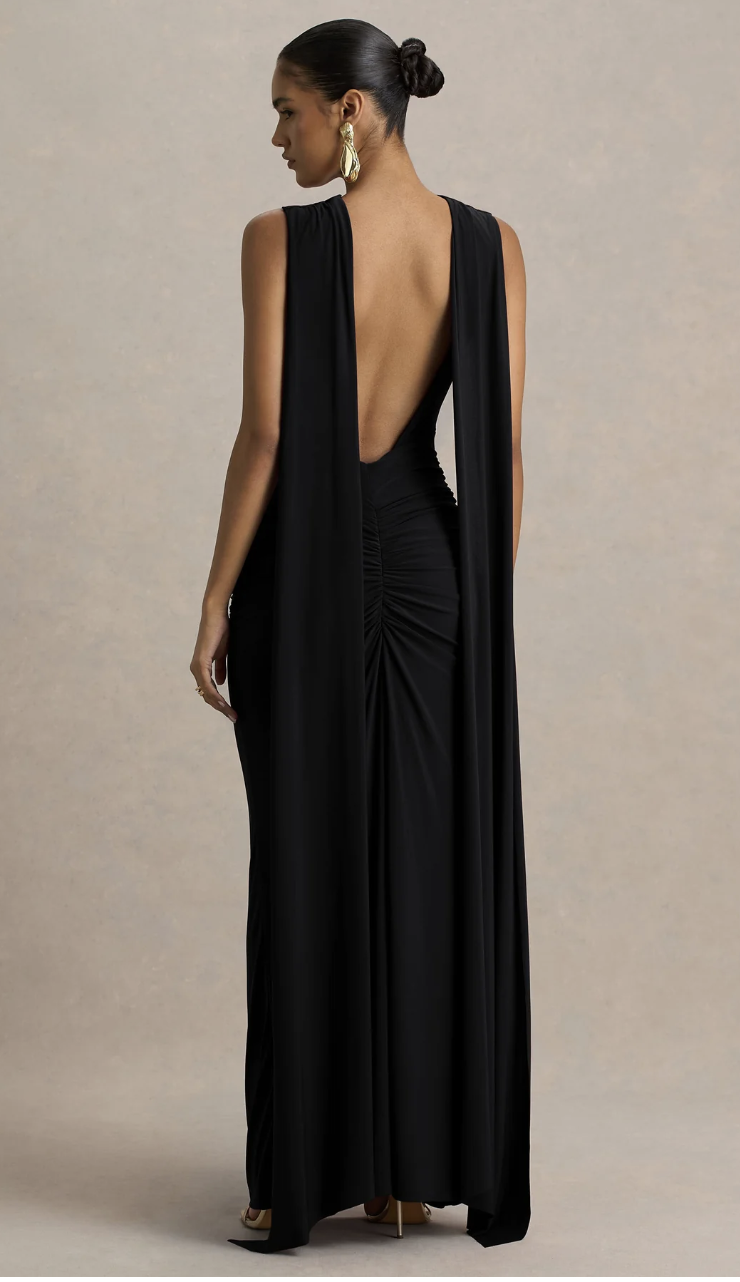 Black Boat-Neck Maxi Dress With Open-Back And Cape-Sleeves