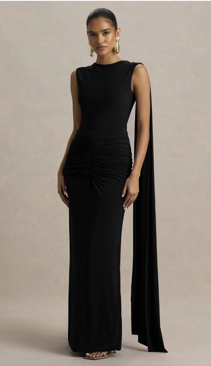Black Boat-Neck Maxi Dress With Open-Back And Cape-Sleeves