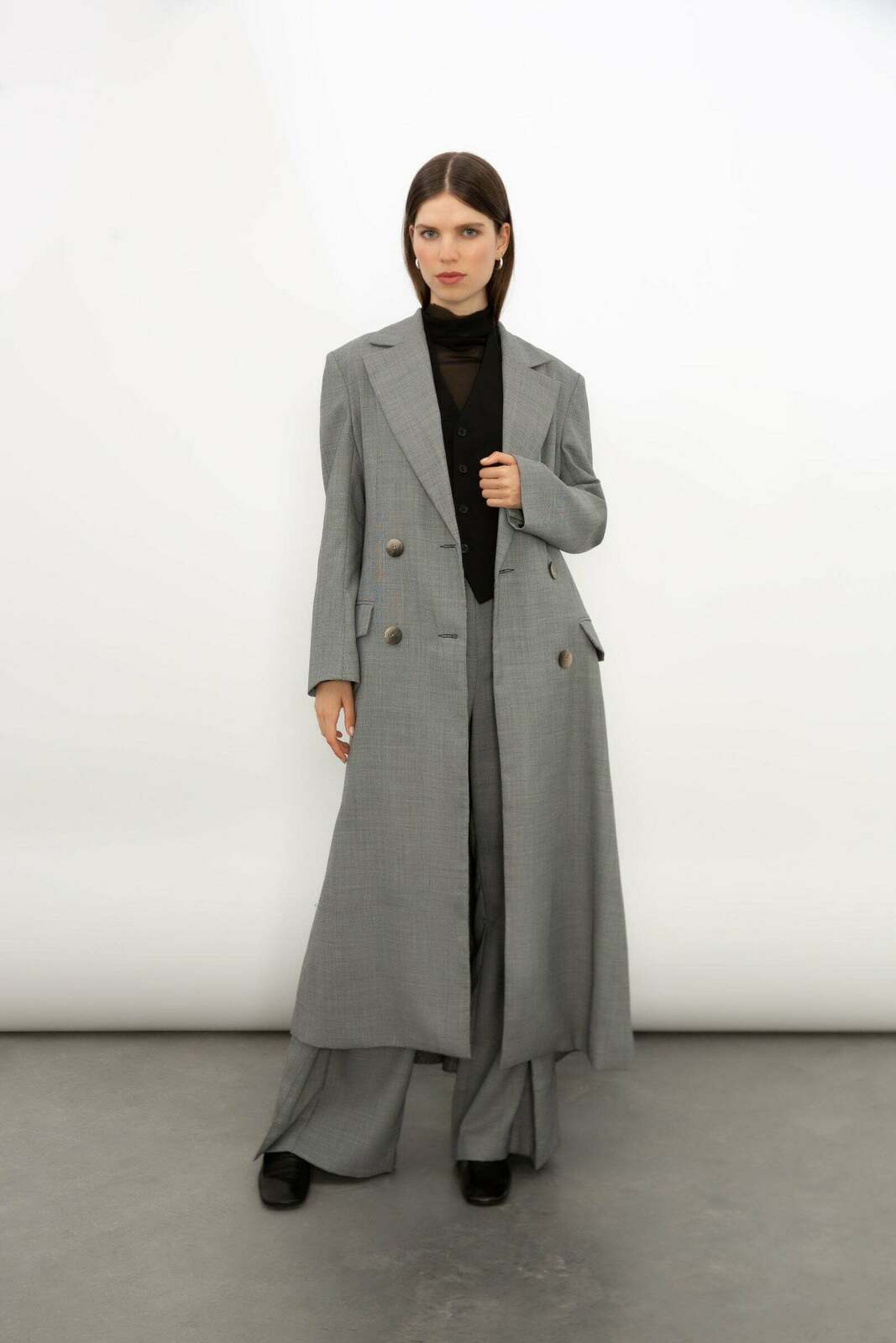 GREY PEPPERED WOOL SAVOY COAT