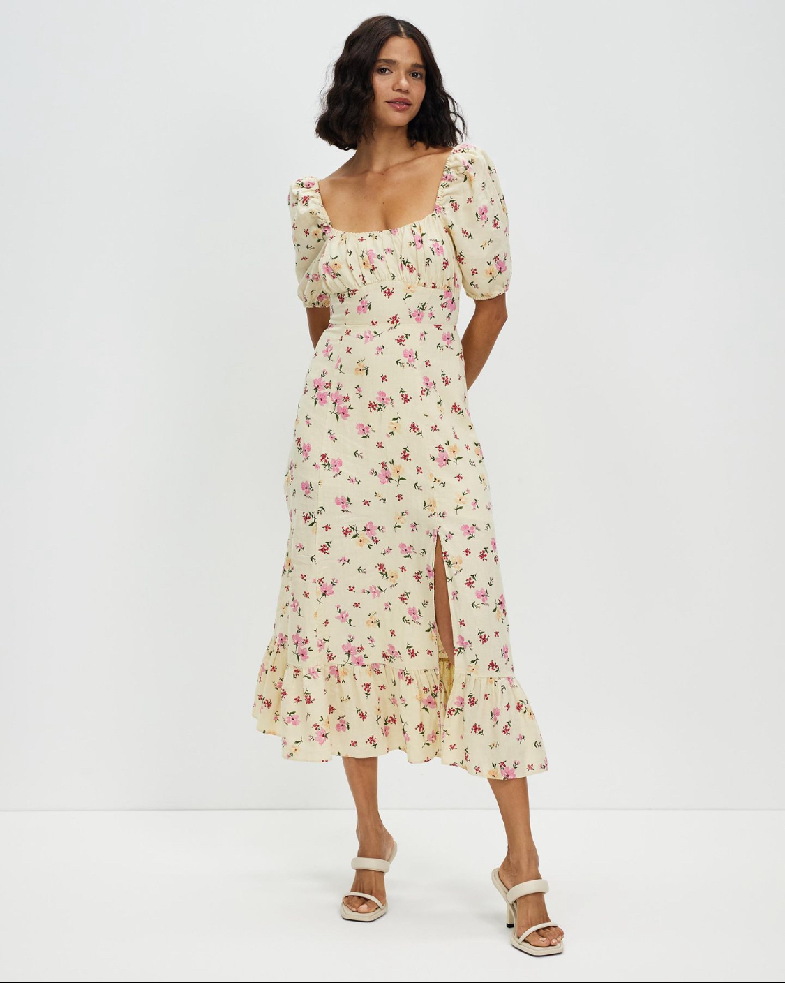  Puff Sleeve Linen Midi Dress 