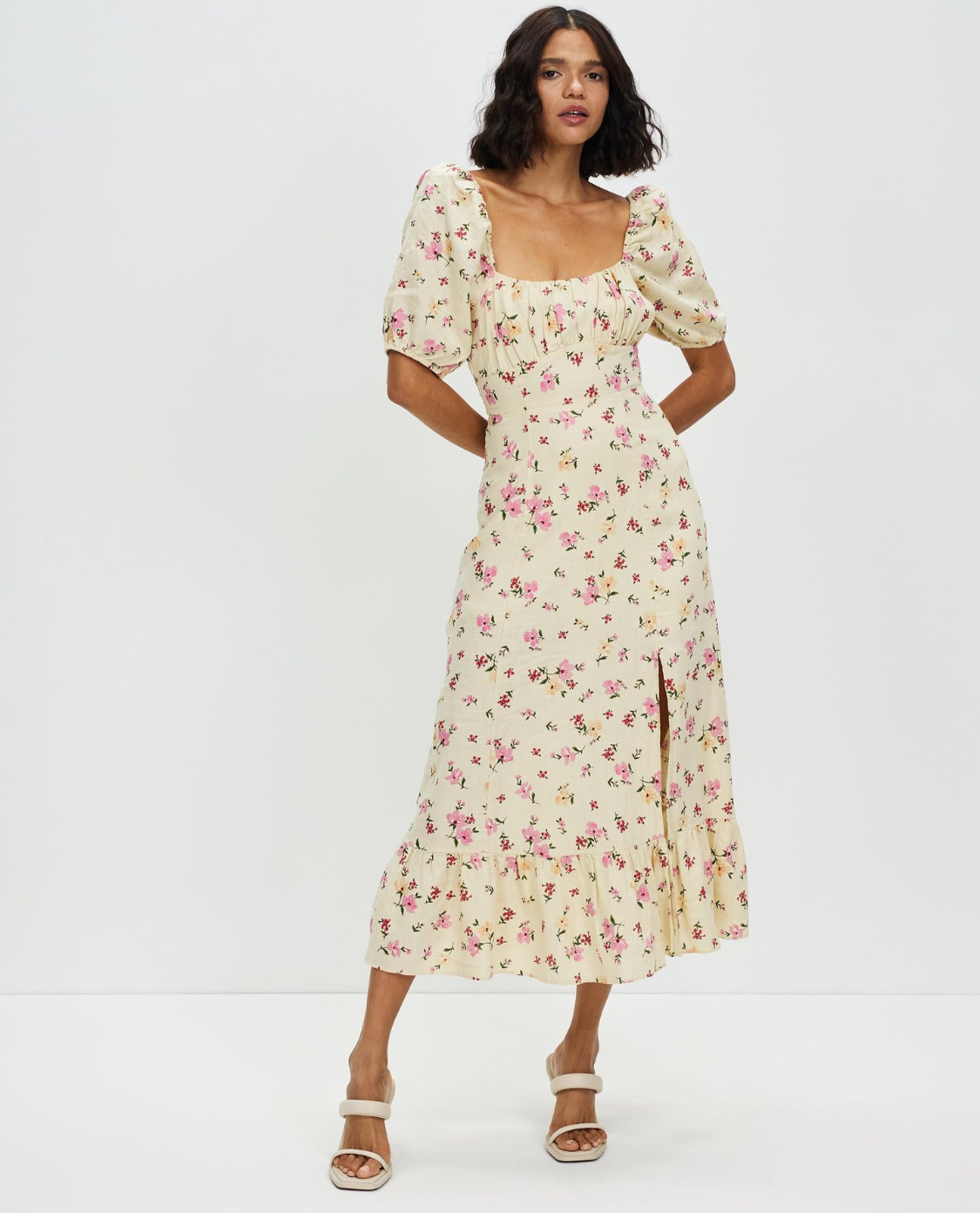  Puff Sleeve Linen Midi Dress 