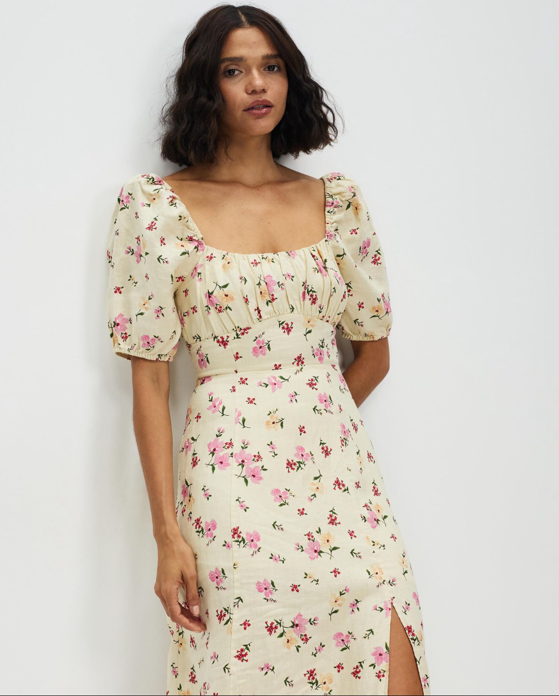  Puff Sleeve Linen Midi Dress 