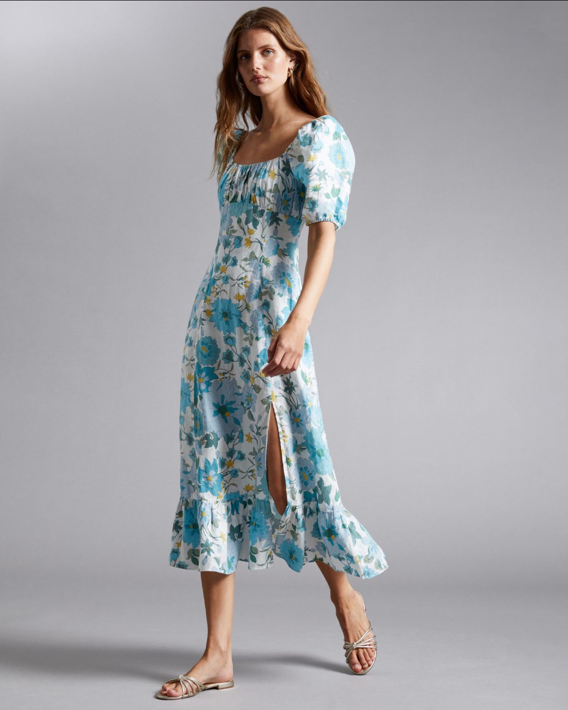 Puff Sleeve Linen Midi Dress 