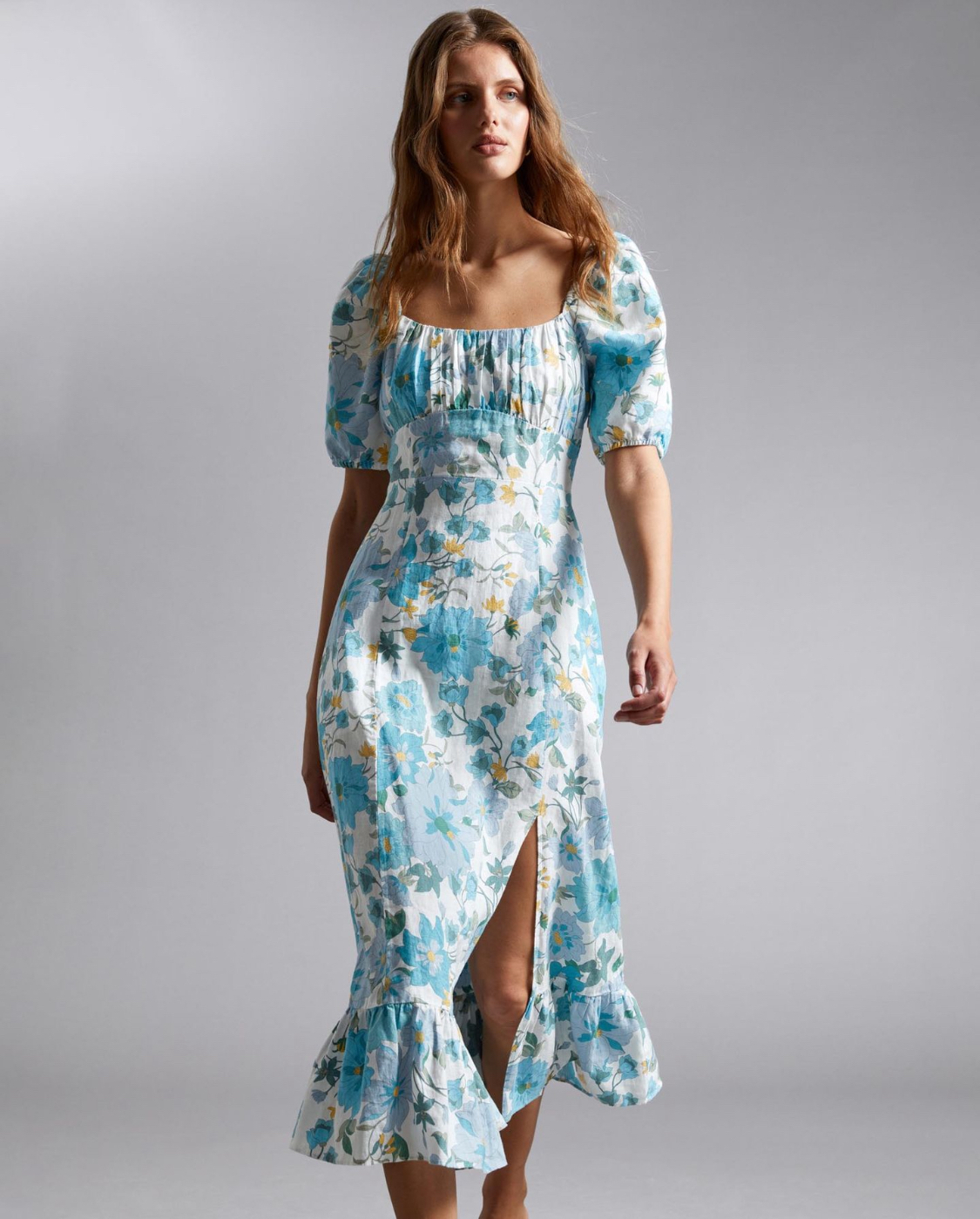 Puff Sleeve Linen Midi Dress 