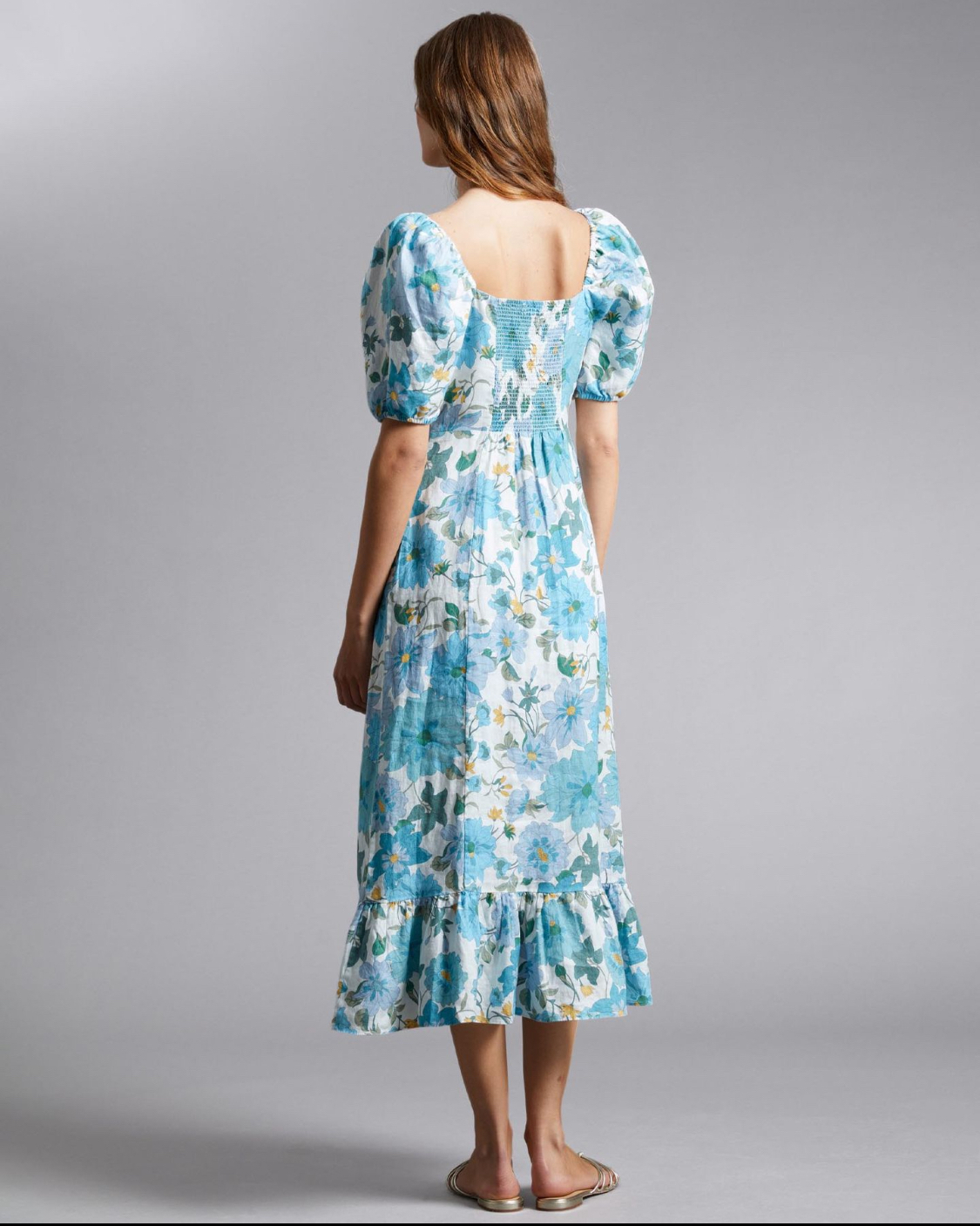 Puff Sleeve Linen Midi Dress 