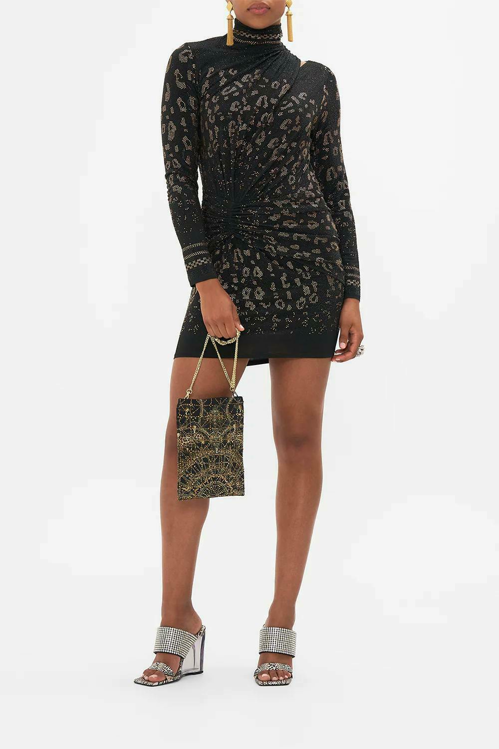 Draped Asymmetric Mini Jersey Dress, Black, Mosaic Muse (BNWT)