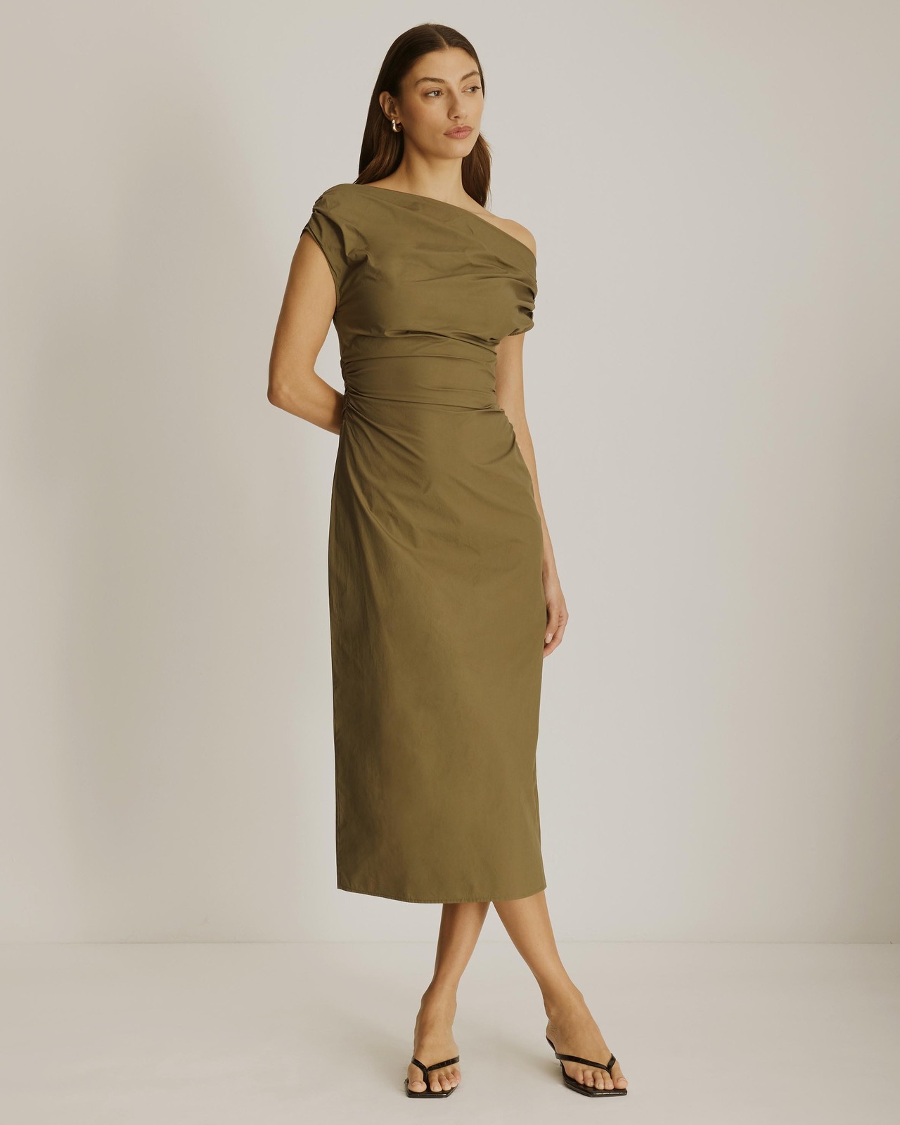 , Nadia Cotton Sateen Midi Dress, Khaki