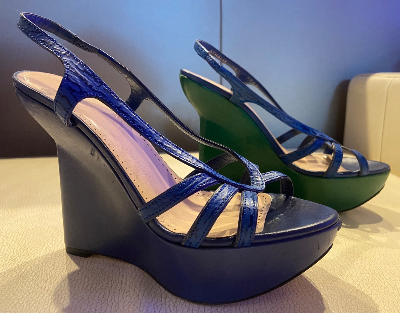 Athalia Leather Blue/Green Wedge Heel Sandal - Size 36.5 EU