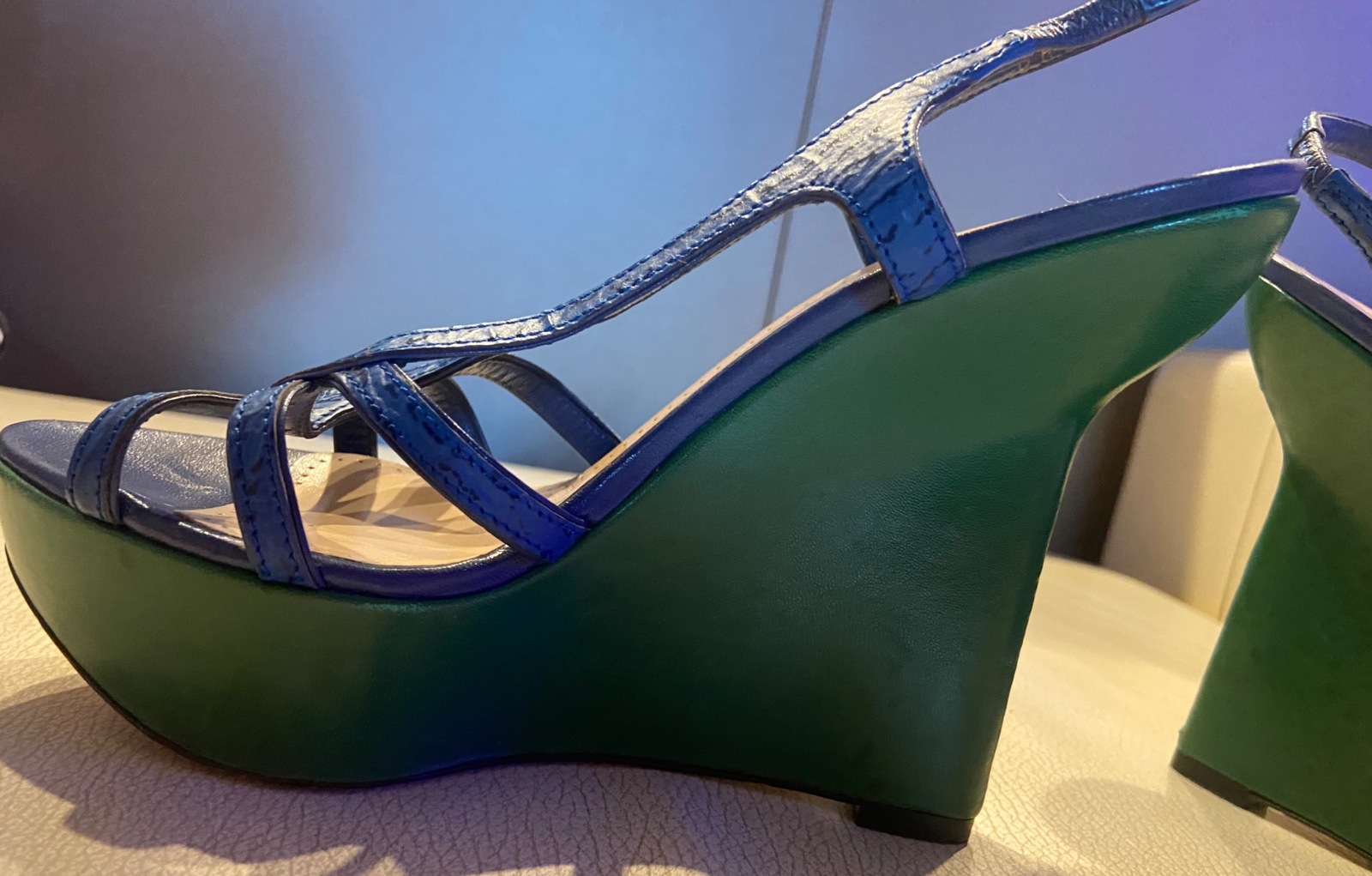 Athalia Leather Blue/Green Wedge Heel Sandal - Size 36.5 EU