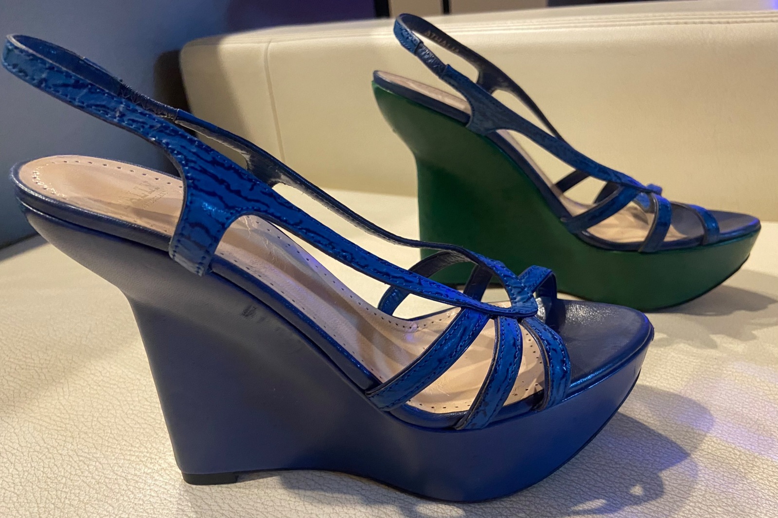Athalia Leather Blue/Green Wedge Heel Sandal - Size 36.5 EU