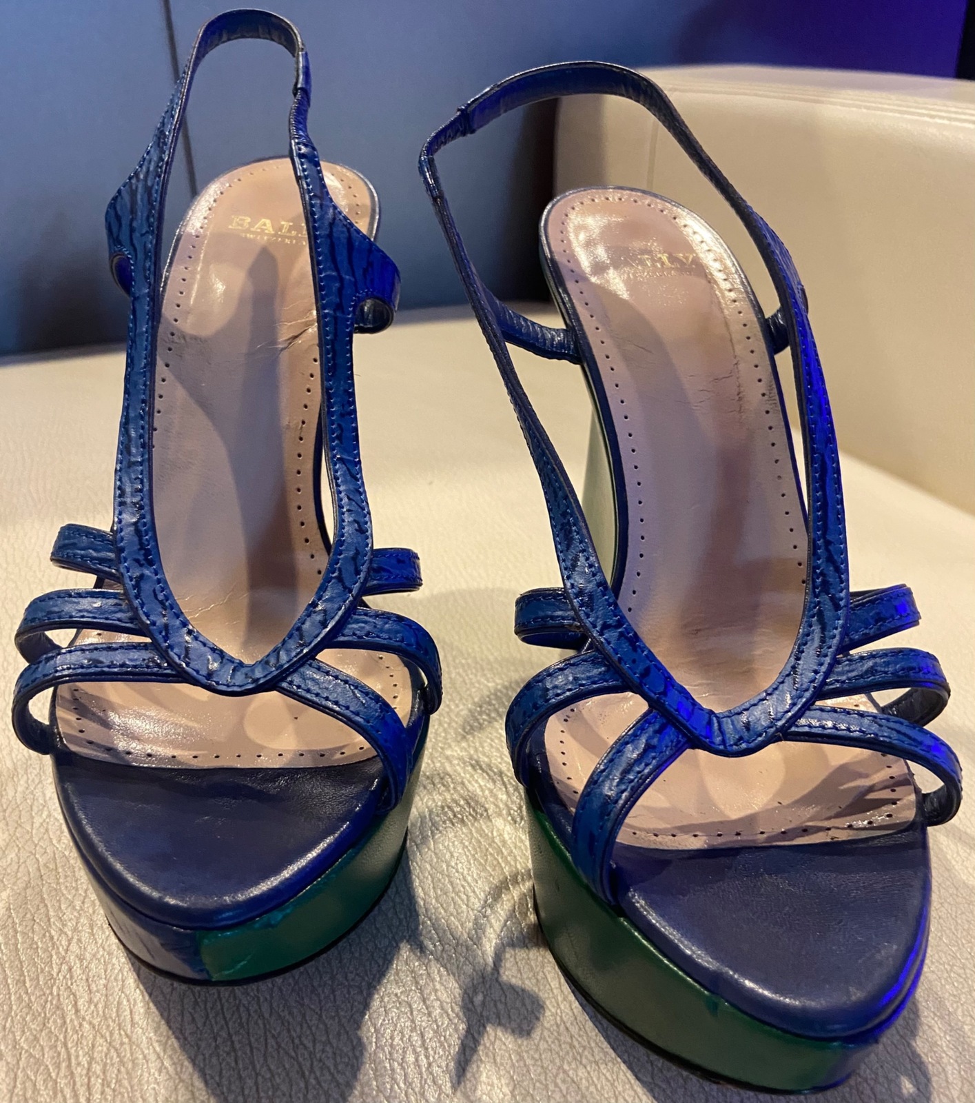 Athalia Leather Blue/Green Wedge Heel Sandal - Size 36.5 EU