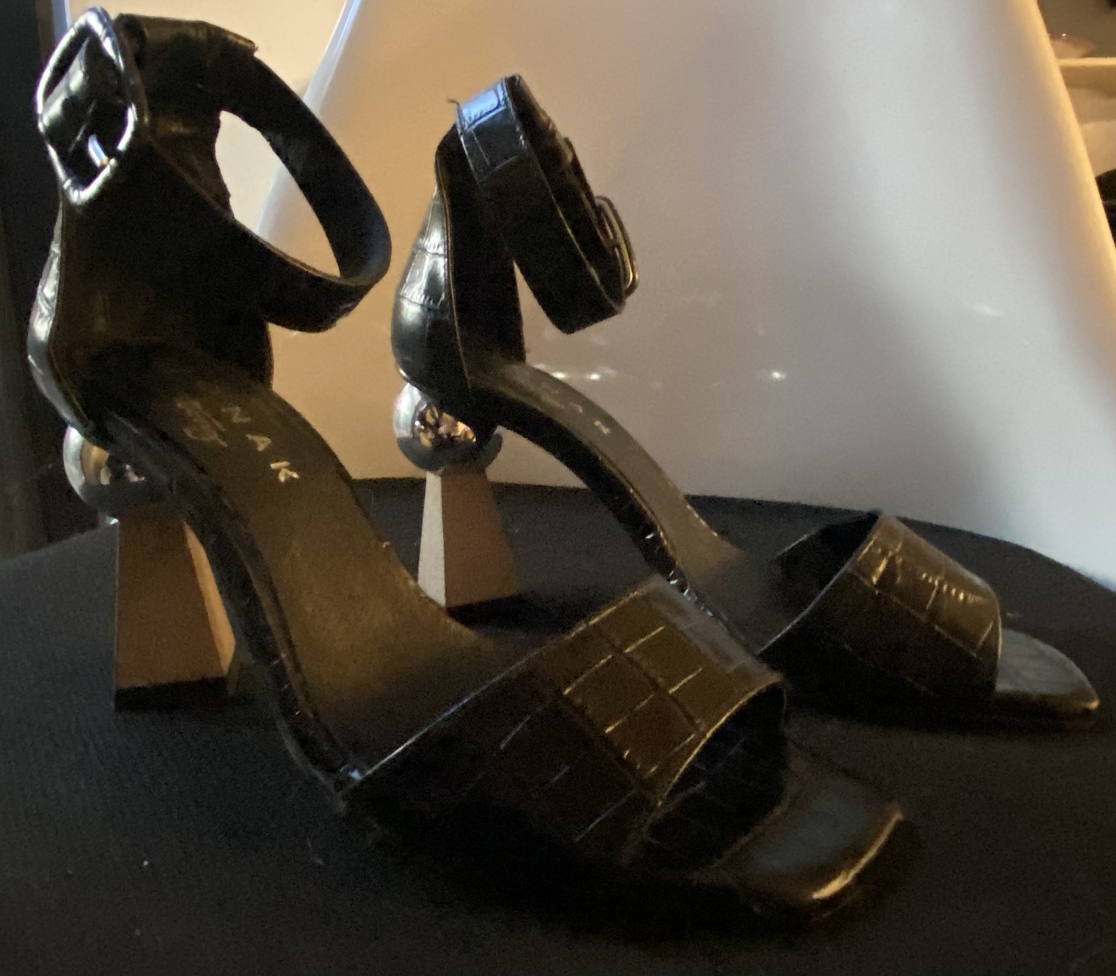 Black imitation crocodile leather High Heel Sandals. Size 37 EU