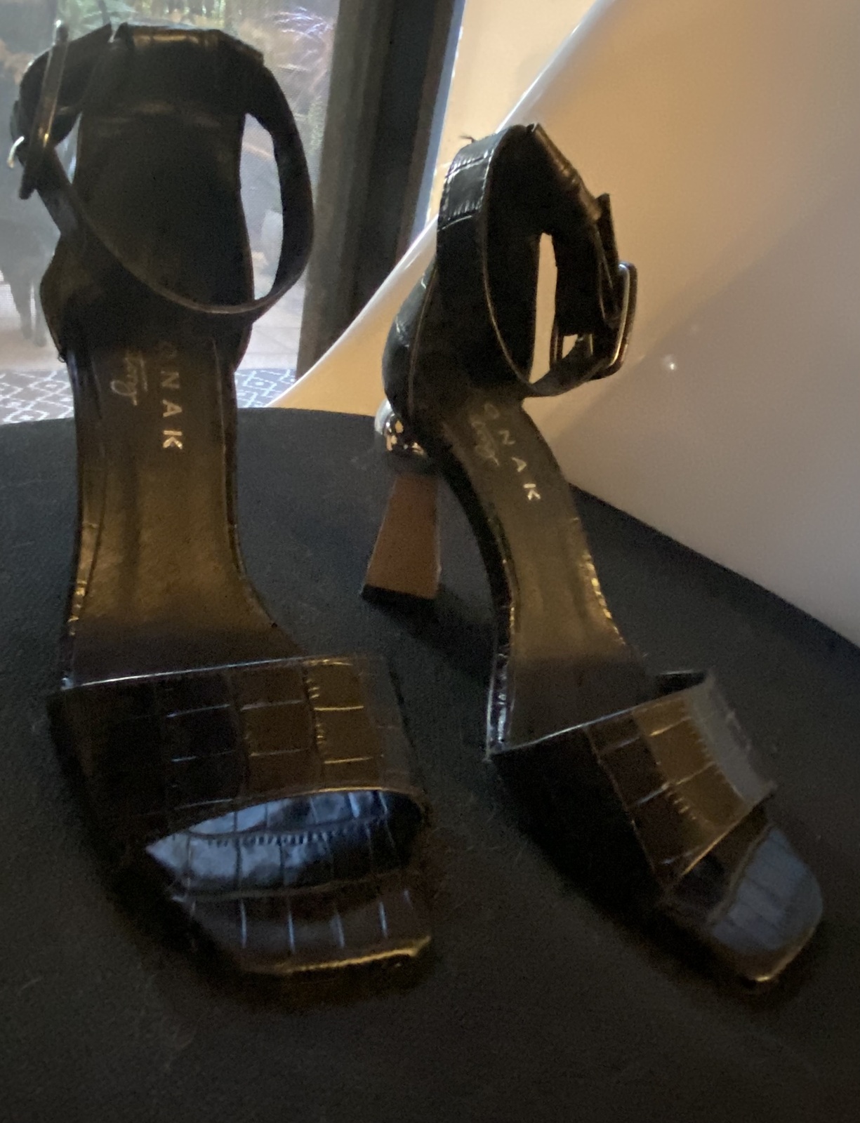 Black imitation crocodile leather High Heel Sandals. Size 37 EU