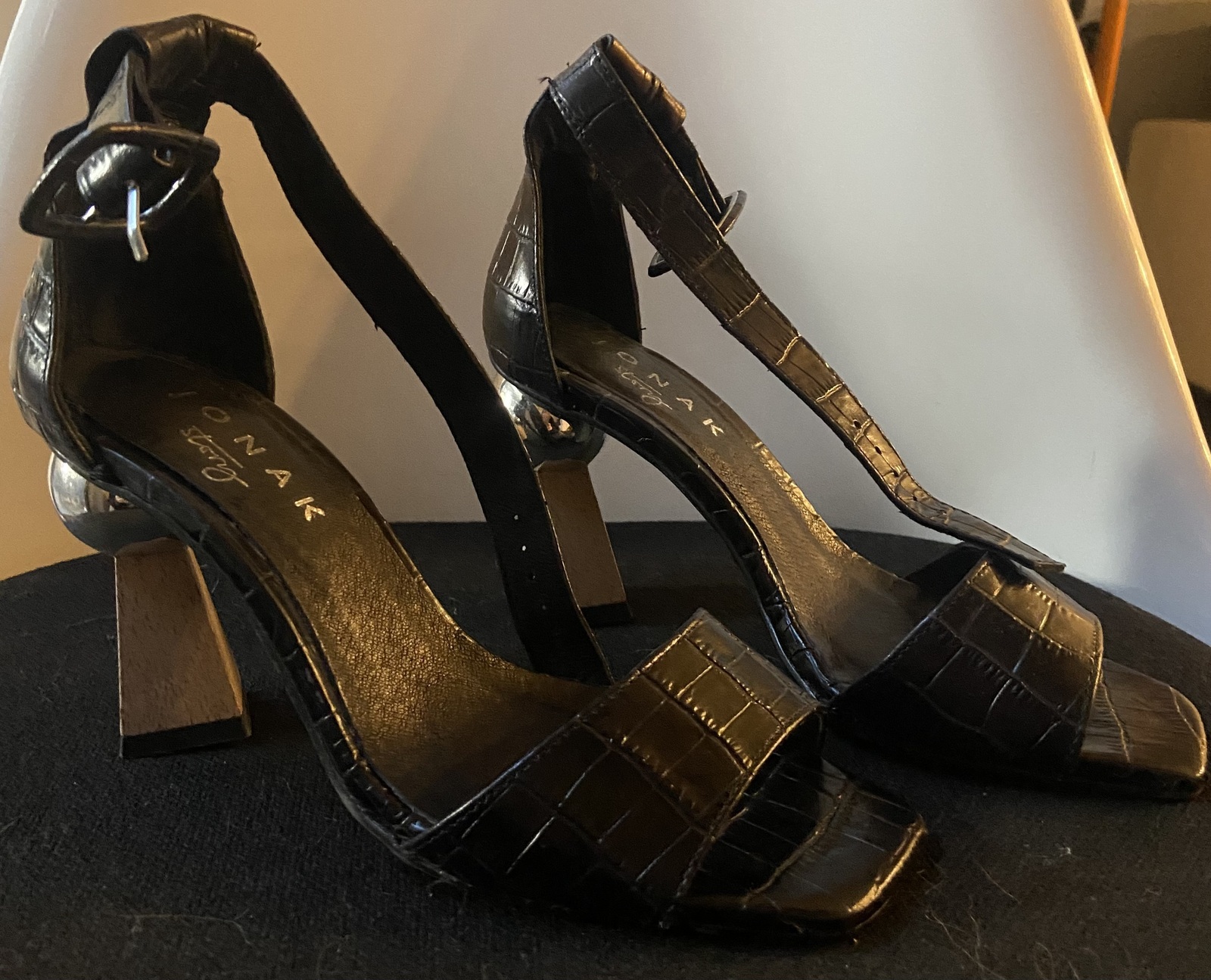 Black imitation crocodile leather High Heel Sandals. Size 37 EU